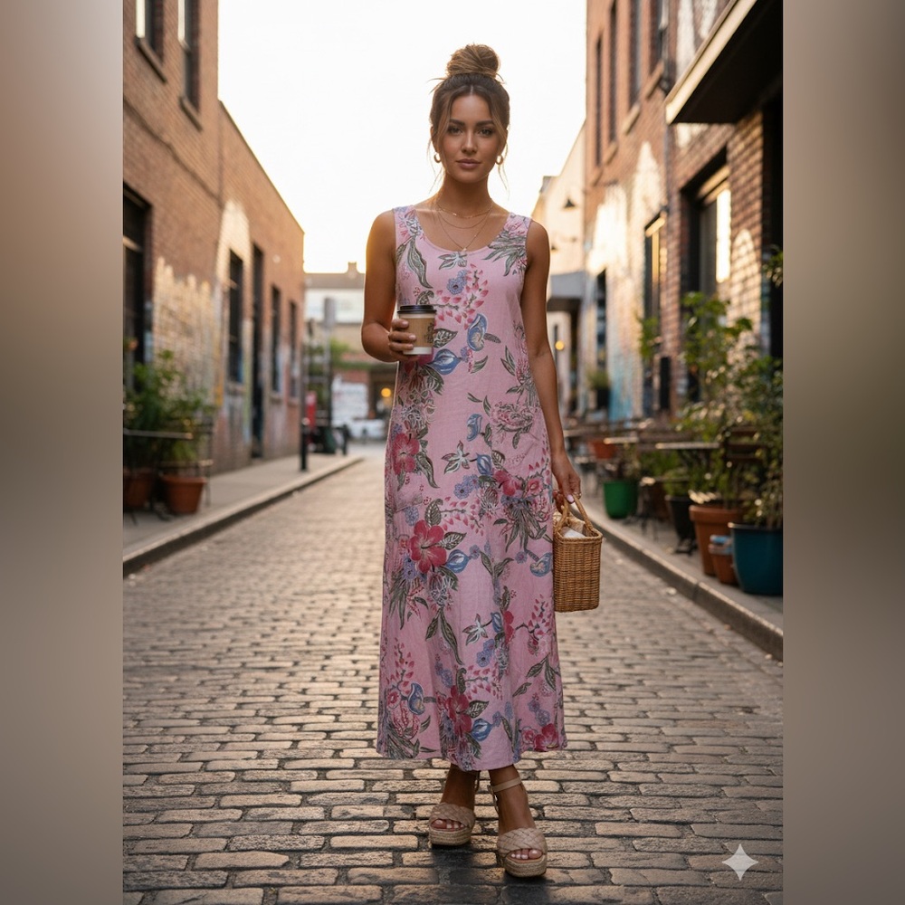 VINTAGE 90s Cambridge Country Store Floral Linen-Blend Maxi Dress L Pink